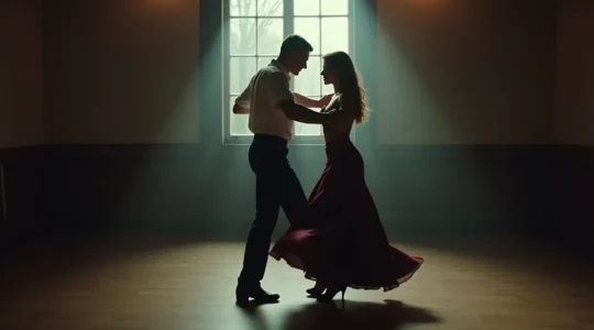Deux danseurs en pleine improvisation sur une piste de danse, capturant l'élégance fluide et la connexion élastique du West Coast Swing