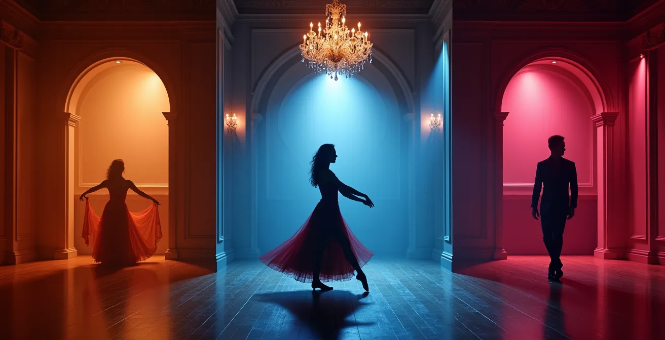 Vue en trois parties montrant trois environnements de danse distincts avec des éclairages et des atmosphères différentes