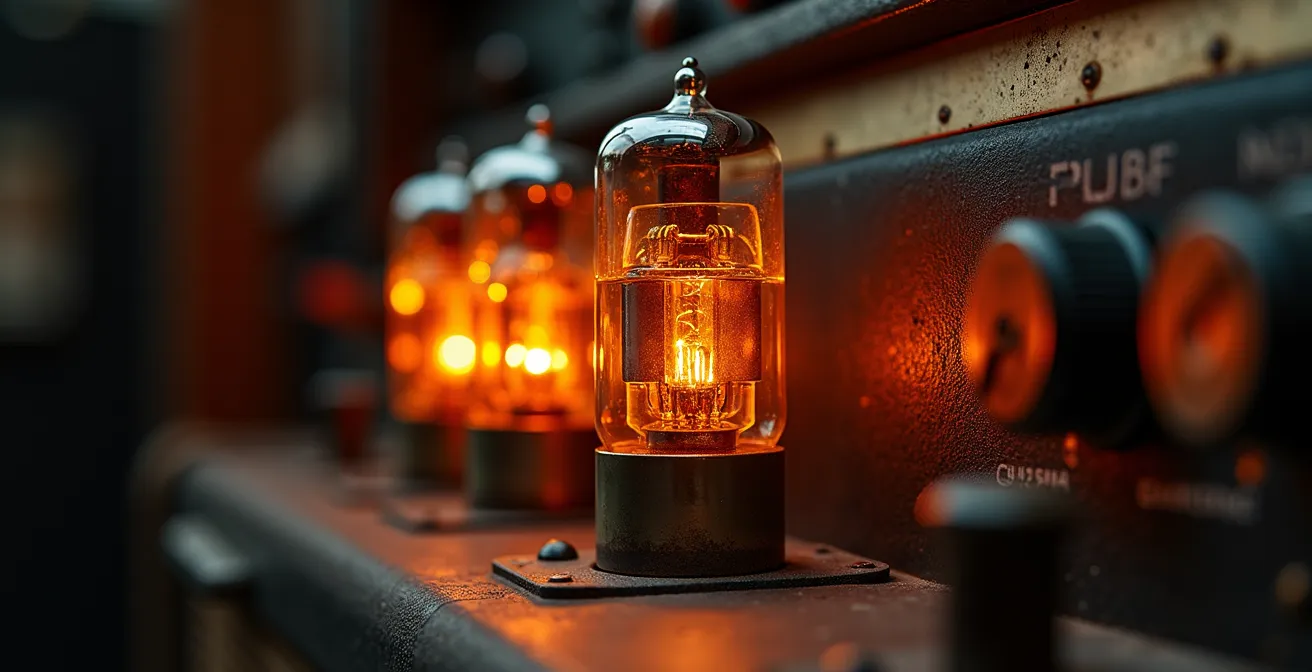 Gros plan macro sur les tubes lumineux d'un amplificateur vintage avec leurs lueurs orangées caractéristiques