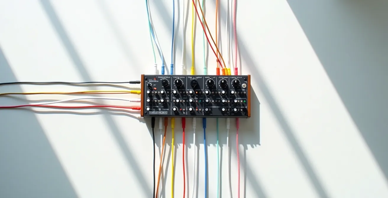 Vue aérienne minimaliste d'un synthétiseur modulaire avec câbles de patch colorés formant des motifs géométriques