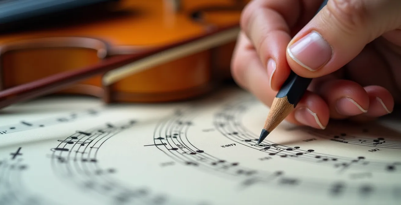 Gros plan sur les mains d'un arrangeur travaillant sur une partition de cordes avec instruments en arrière-plan