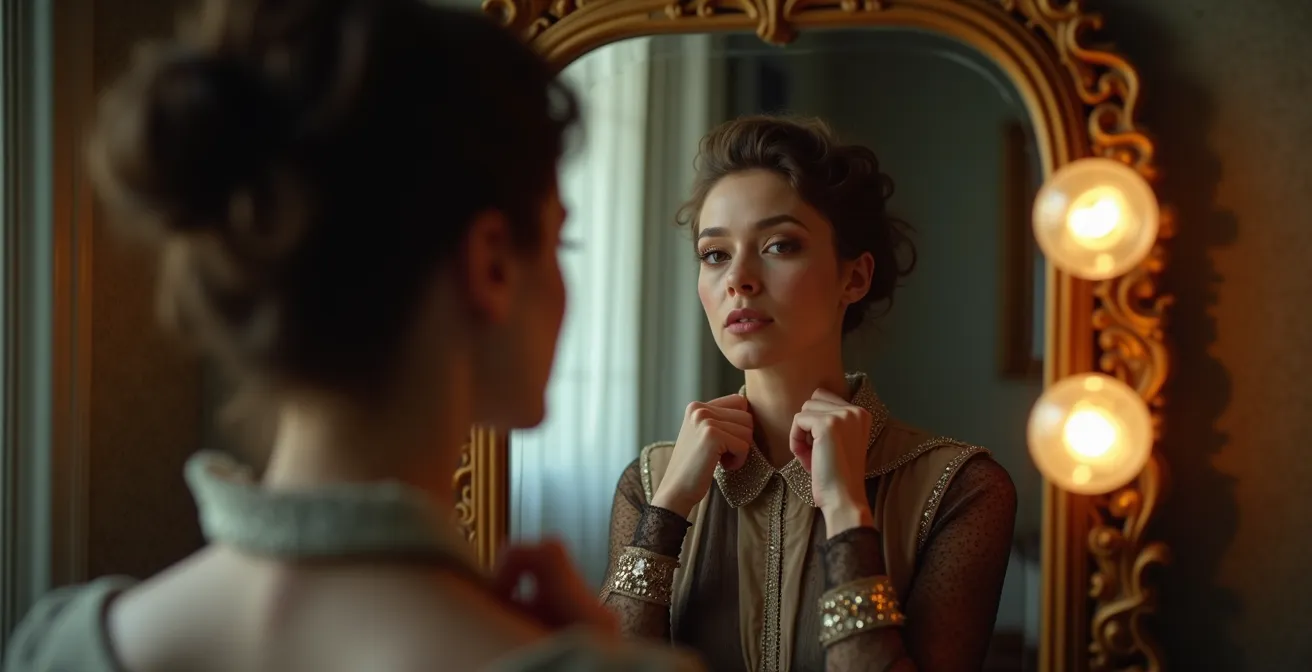 Portrait artistique d'un musicien face à son reflet symbolisant la dualité personnage et authenticité