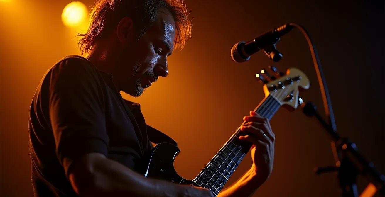 Portrait atmosphérique d'un bassiste en action sur scène, capturé dans un moment de concentration intense