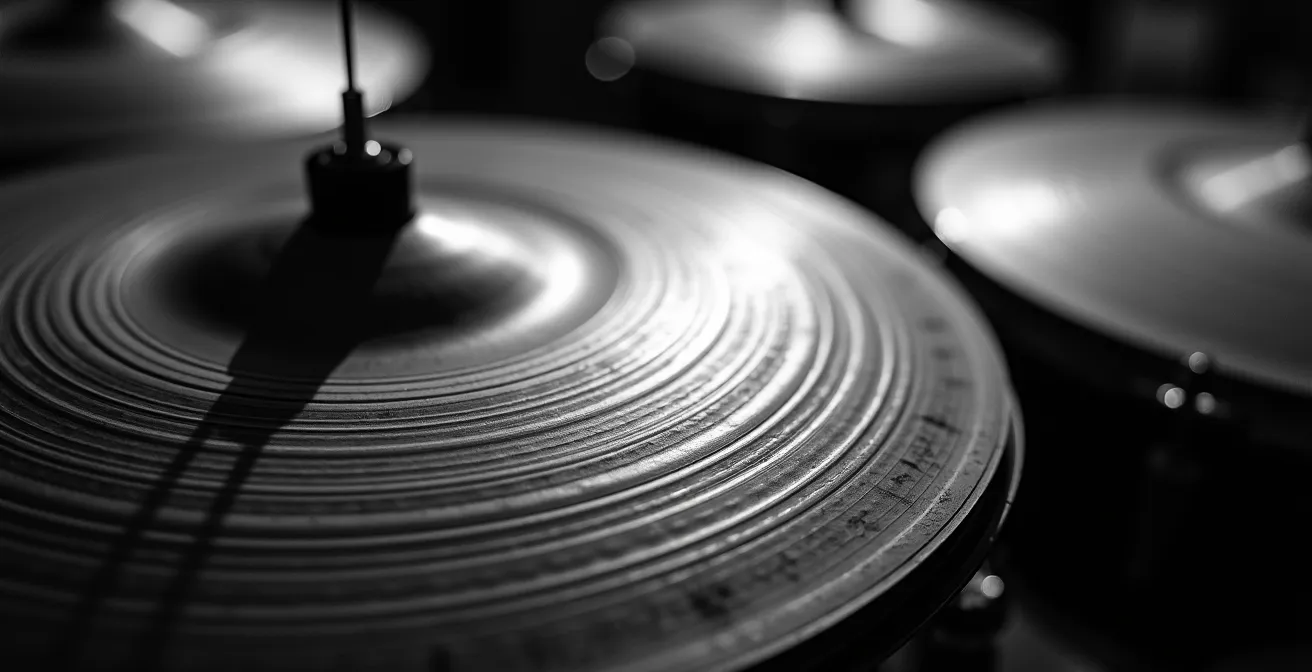 Gros plan macro sur les cymbales et toms d'une batterie progressive