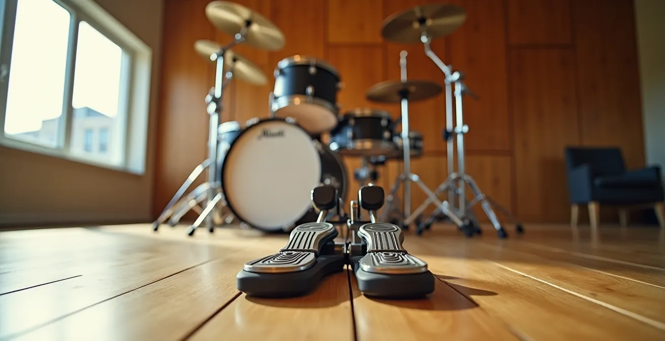 Vue large d'un kit de batterie moderne avec focus sur le système de double pédale en action