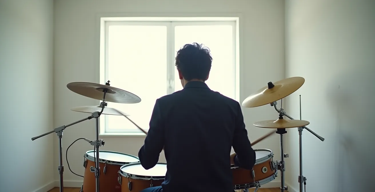 Batteur en plein mouvement de roulement dans un studio minimaliste