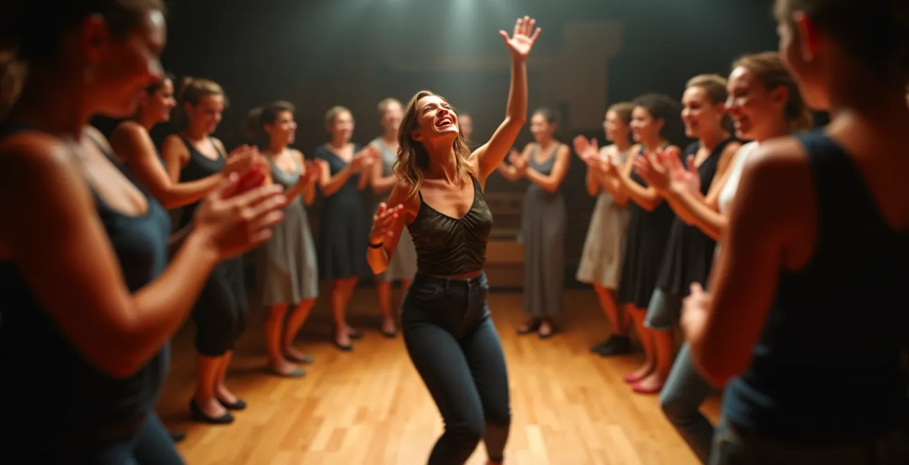 Vue d'ensemble d'un cercle de jam avec danseurs encourageant celui au centre