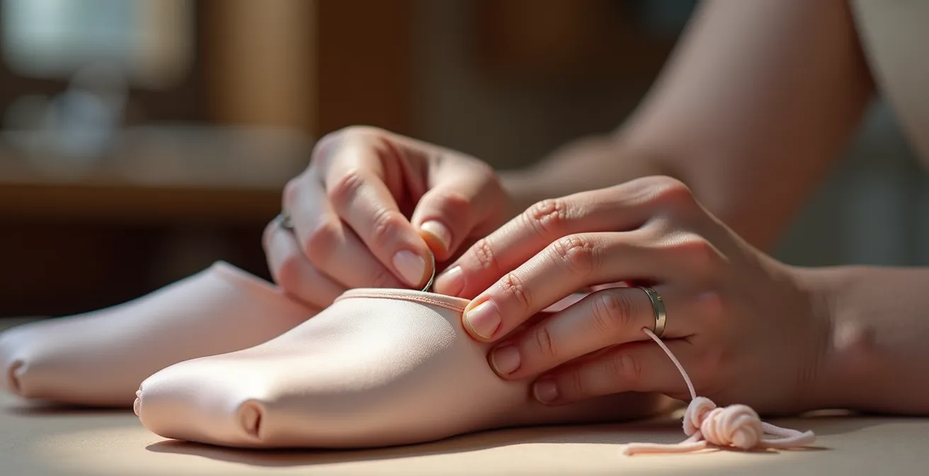 Gros plan sur les mains d'un artisan façonnant un chausson de pointe en satin rose avec fil et aiguille