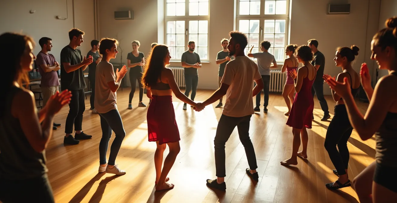 Cercle de danseurs de toutes origines partageant un moment de danse collective, symbolisant l'inclusion et le respect des racines culturelles