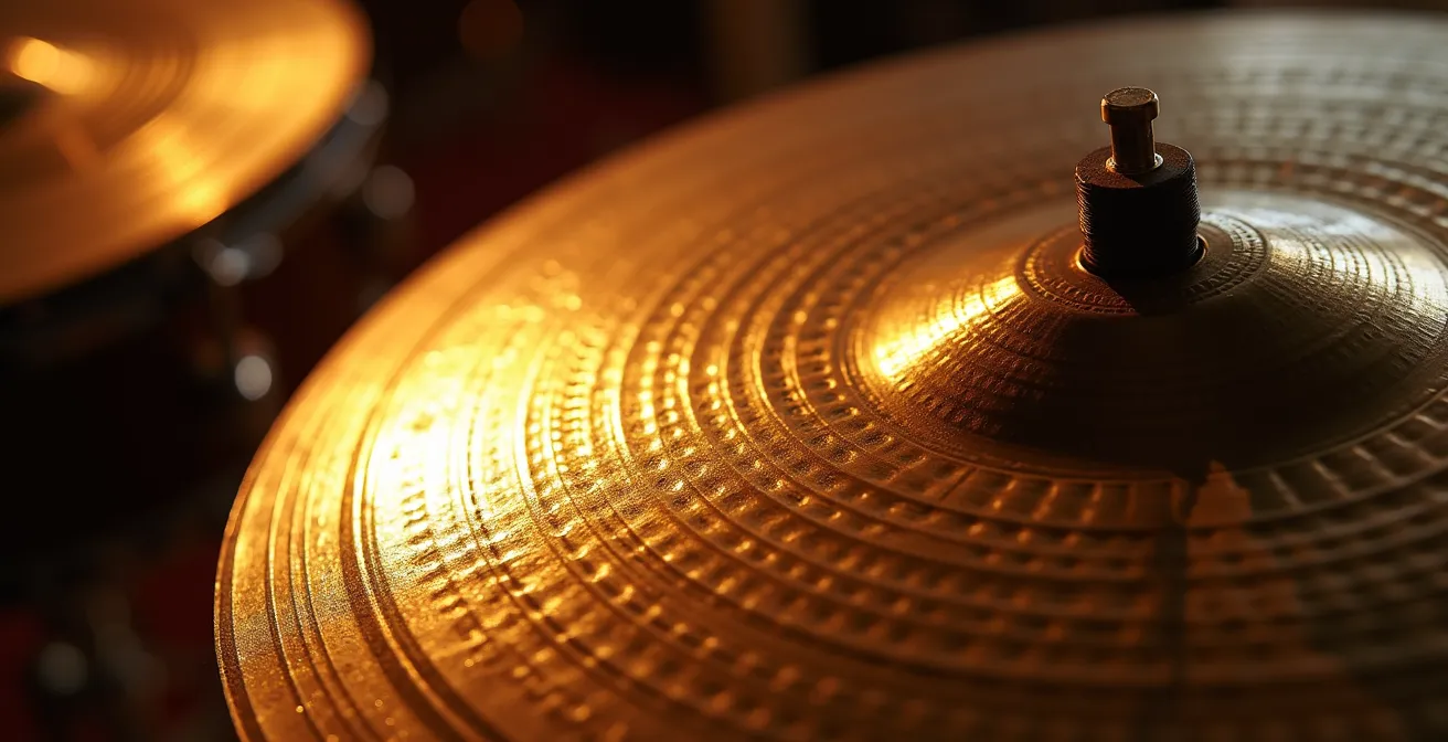 Vue macro détaillée des cymbales de batterie montrant les textures métalliques