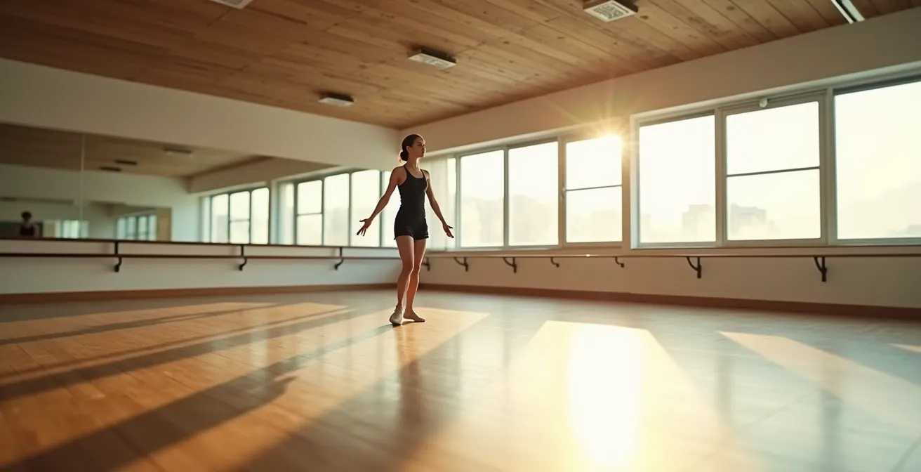 Danseur pratiquant seul devant un miroir de studio de danse