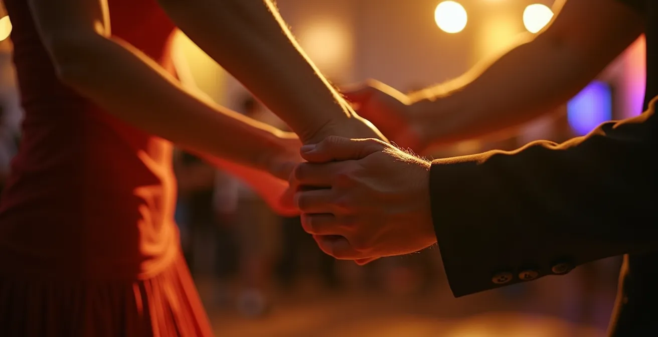 Couple souriant dansant avec complicité sur une piste de danse latine, focus sur l'expression joyeuse plutôt que la technique