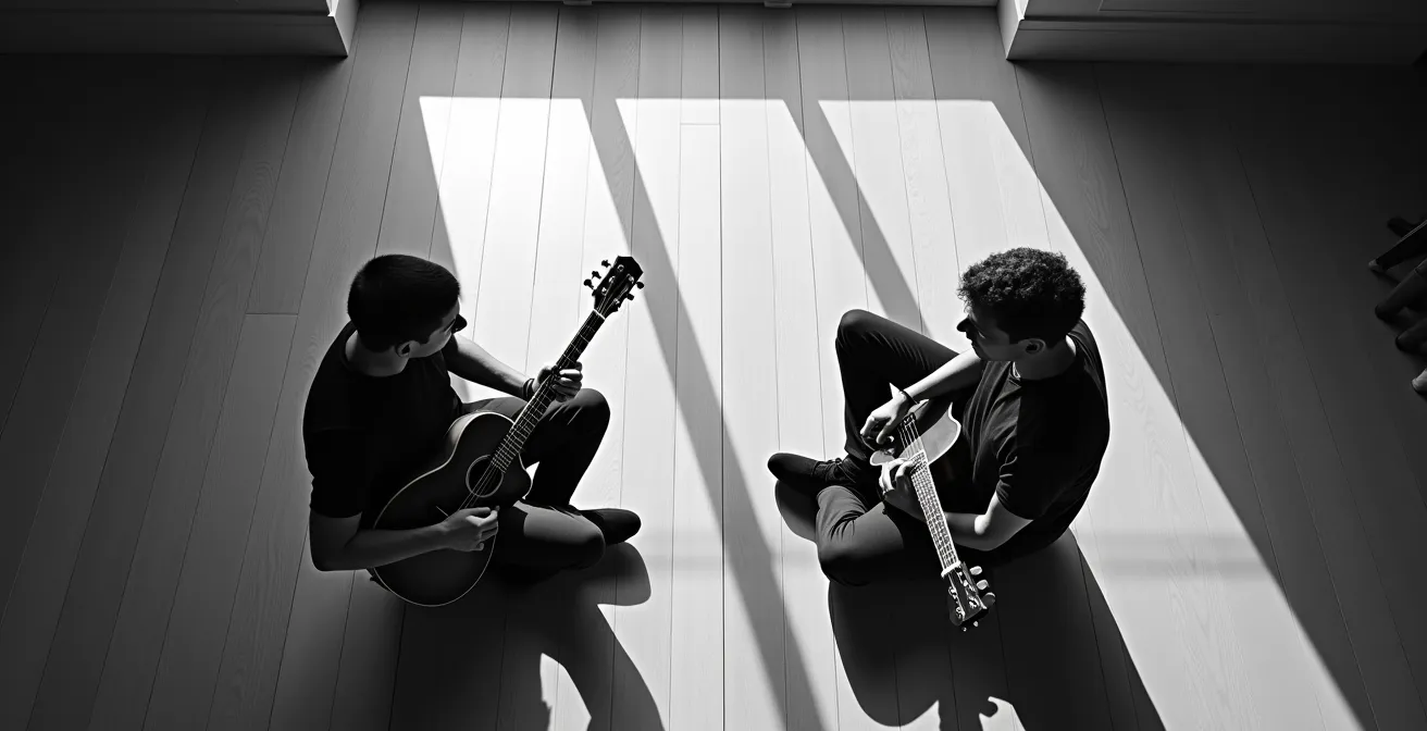 Vue de dessus de deux musiciens se faisant face, créant un dialogue musical visible dans leur posture corporelle