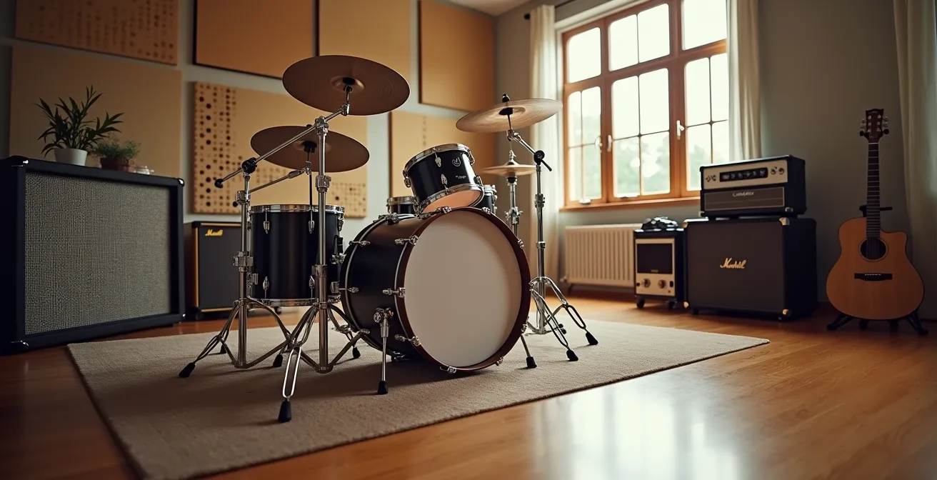 Vue environnementale d'un studio d'enregistrement montrant la relation spatiale entre batterie et ampli de guitare