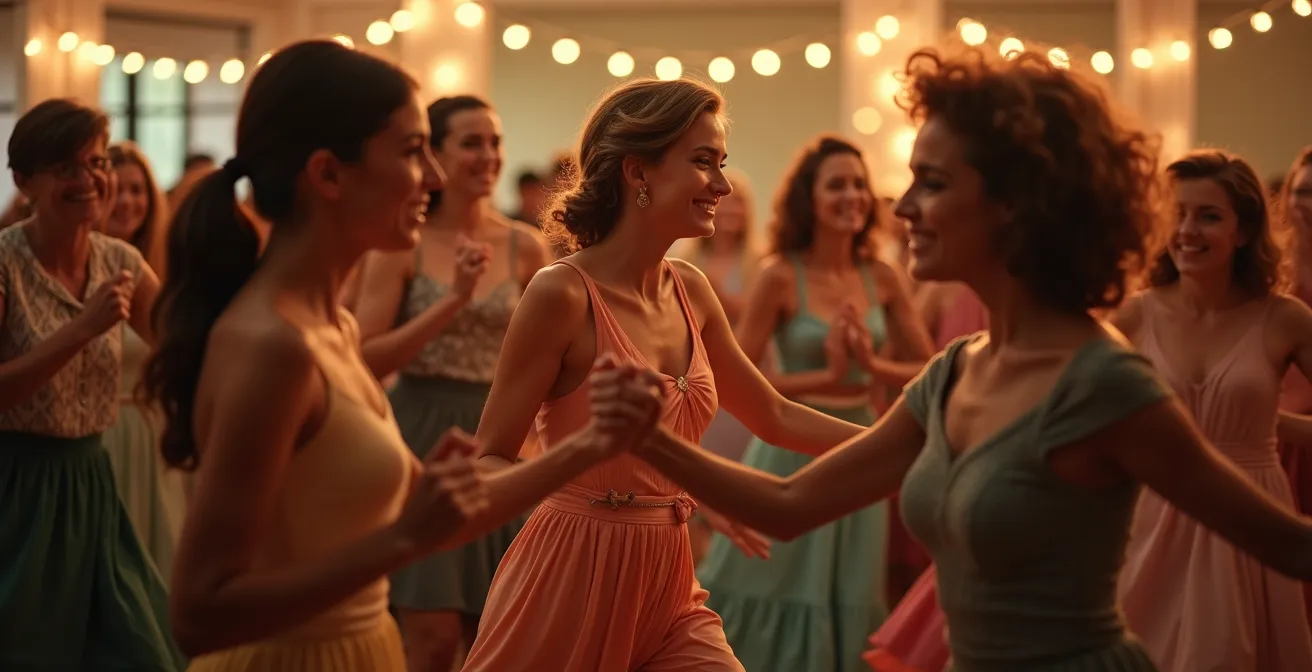 Groupe de personnes apprenant les pas du Madison en ligne dans une ambiance festive