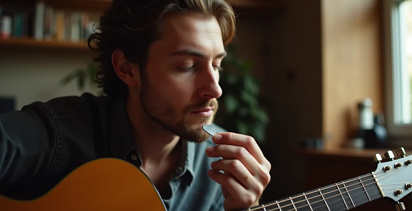 Portrait d'un guitariste en pleine réflexion créative dans un environnement inspirant