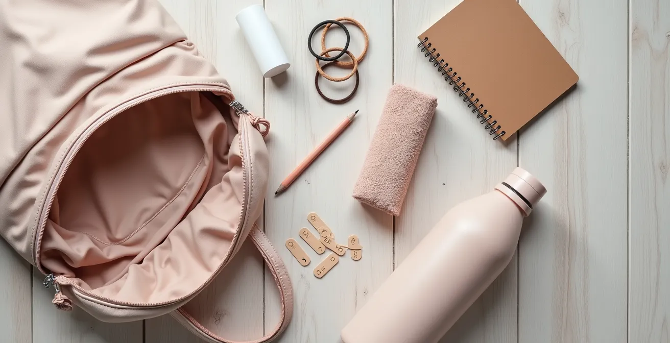Vue en plongée d'un sac de danse ouvert avec les essentiels du débutant : bouteille d'eau, serviette, élastiques à cheveux.