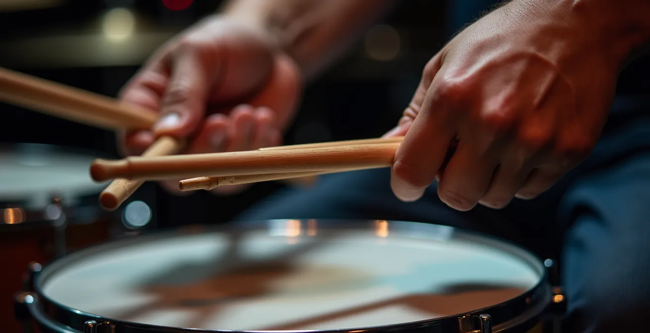 Gros plan sur les mains d'un batteur jouant un shuffle sur la charleston