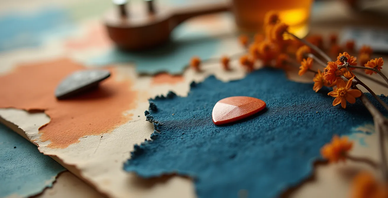 Vue macro d'un moodboard physique avec textures et couleurs pour projet musical