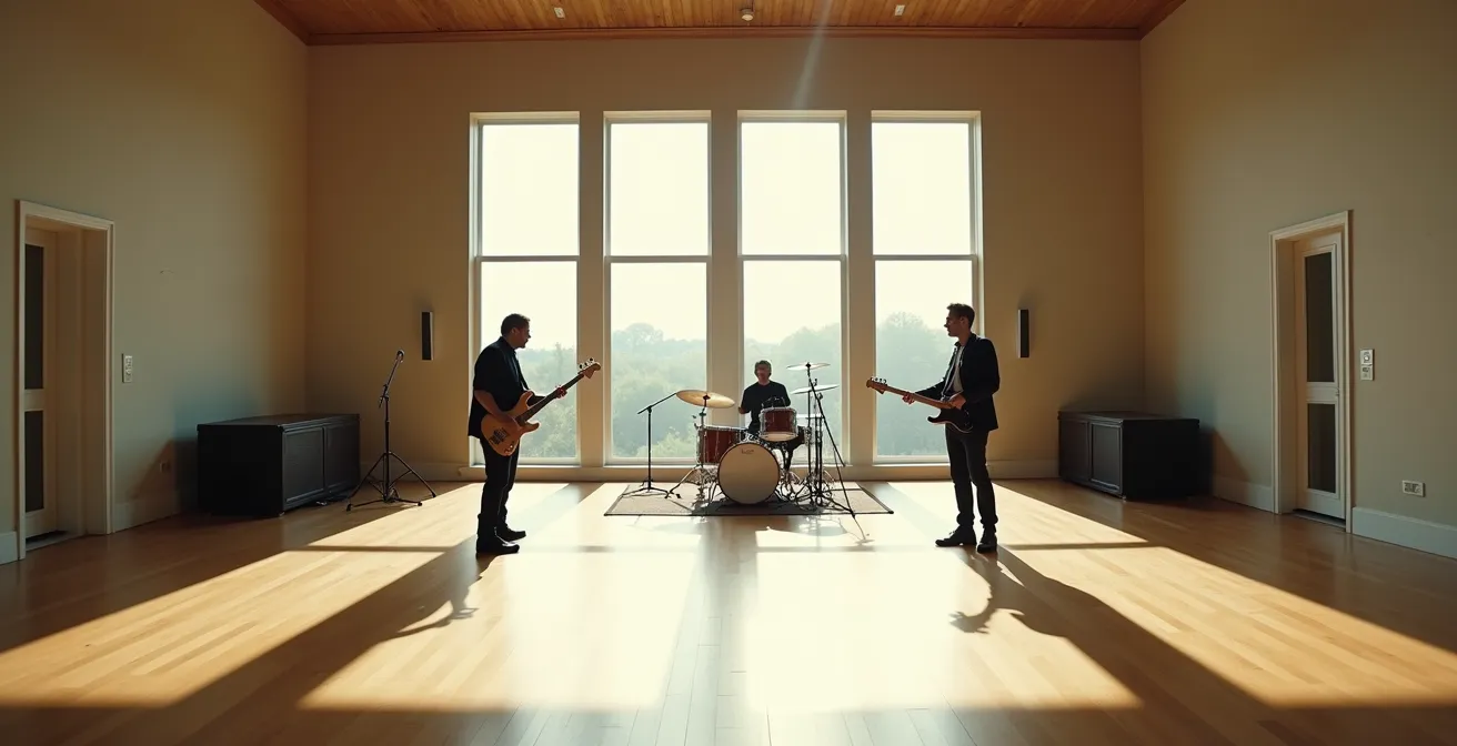 Vue d'ensemble d'un studio avec bassiste et batteur en communication visuelle subtile