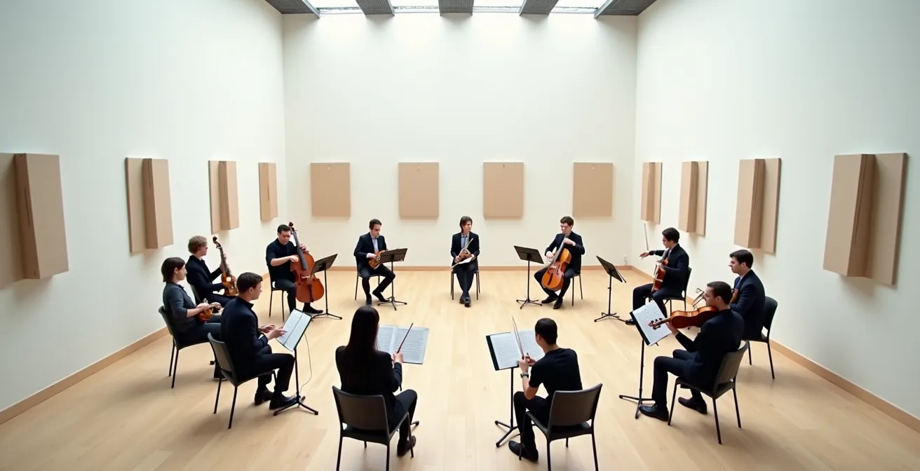 Musiciens en cercle pratiquant l'écoute active lors d'un exercice de relais musical