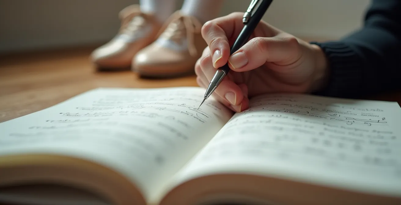 Gros plan sur les mains d'un danseur écrivant dans un carnet de pratique, avec des chaussons de danse flous en arrière-plan