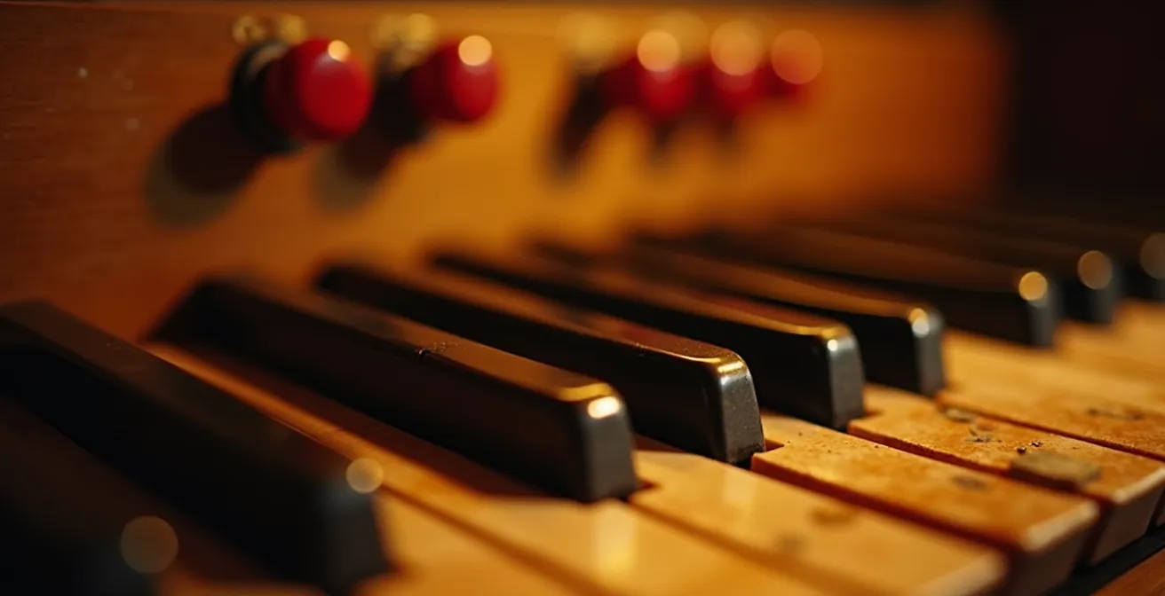 Gros plan sur les tirettes et roues d'un orgue Hammond vintage en action