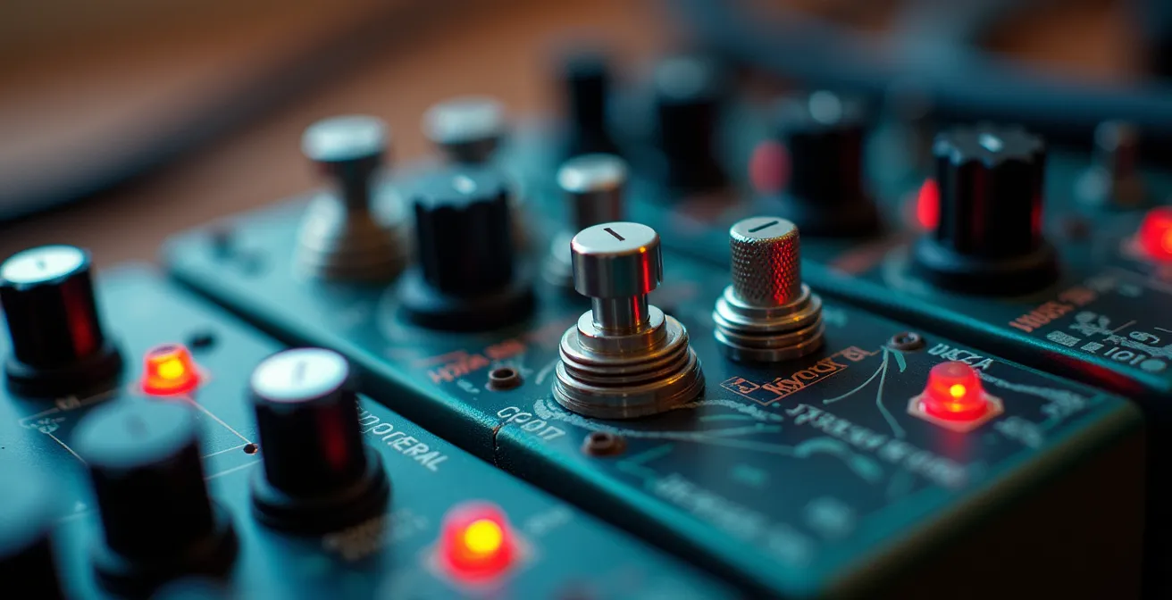 Vue macro d'un pedalboard avec pédales d'effets connectées et détails des câbles patch