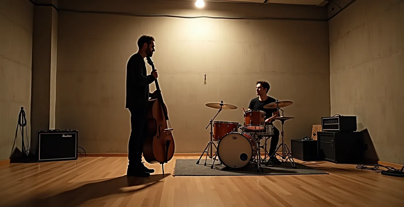 Répétition en duo basse-batterie dans un studio de répétition intime
