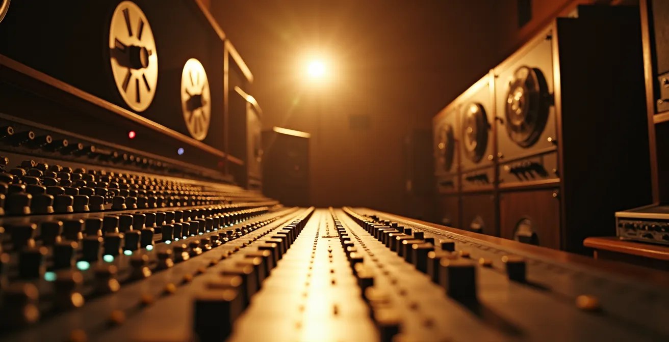 Intérieur d'un studio d'enregistrement des années 70 avec console de mixage et bandes magnétiques