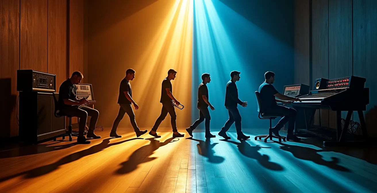 Studio de production moderne mélangeant instruments classiques et équipements électroniques