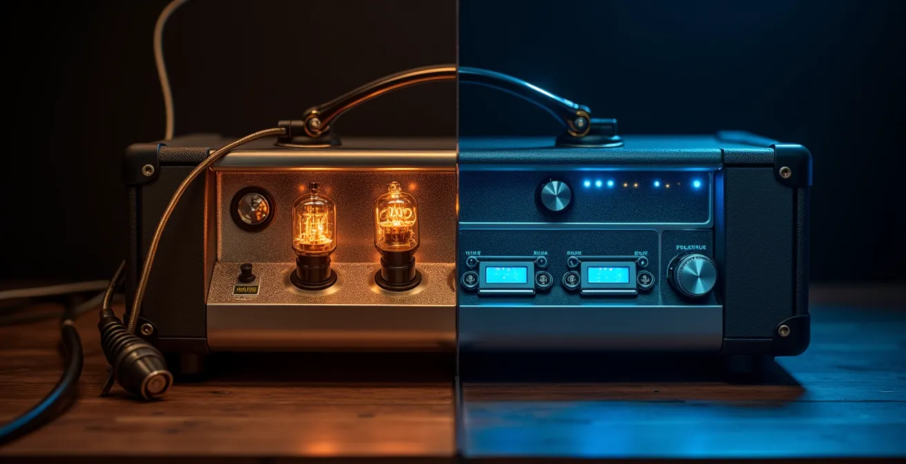 Contraste entre équipement vintage à lampes et interface numérique moderne dans un studio
