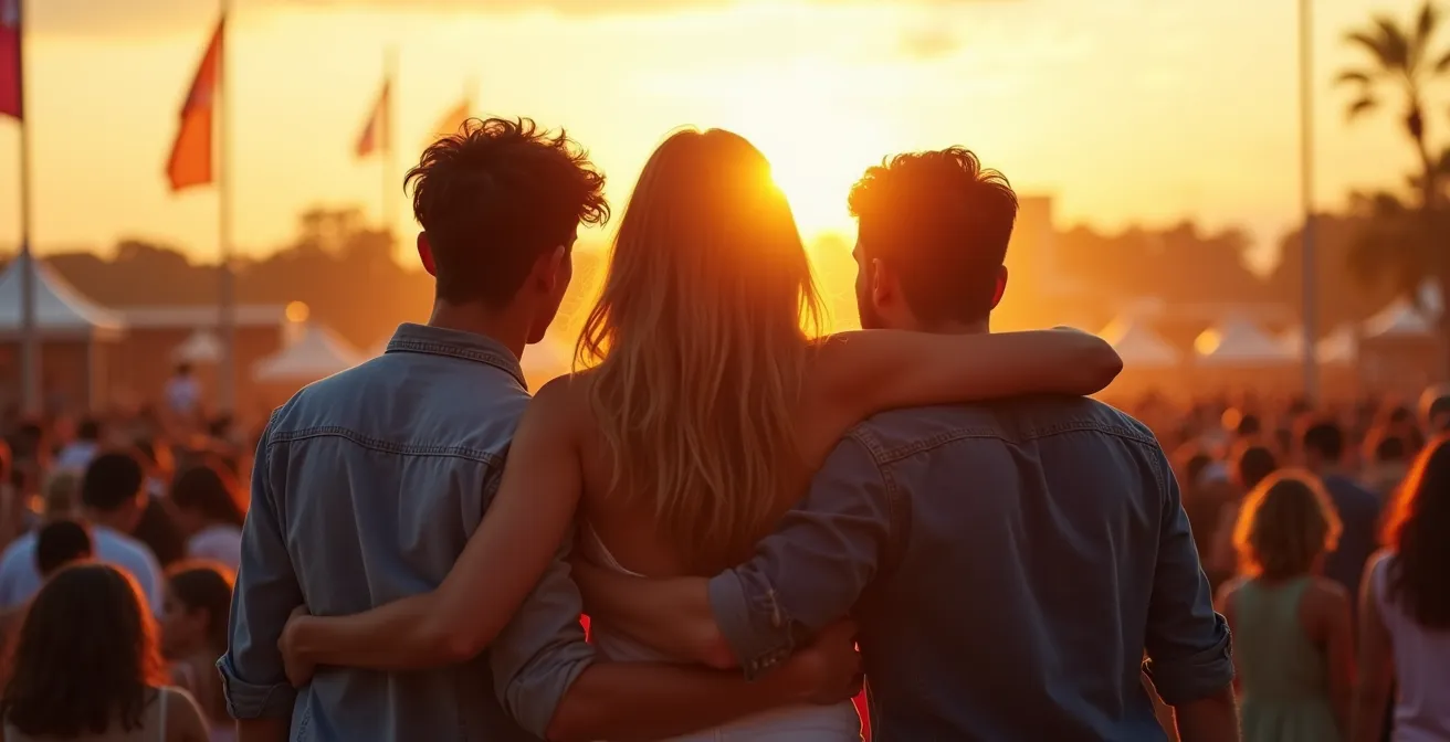 Groupe d'amis de dos regardant une scène de festival au coucher du soleil