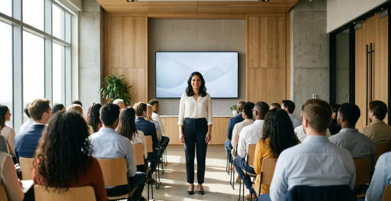 Orateur debout face à une salle, posture ouverte, dos droit, regard dirigé vers l'auditoire avec une expression calme et assurée