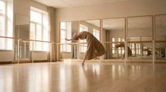 Salle de danse lumineuse avec une danseuse en mouvement, symbolisant l'excellence pédagogique
