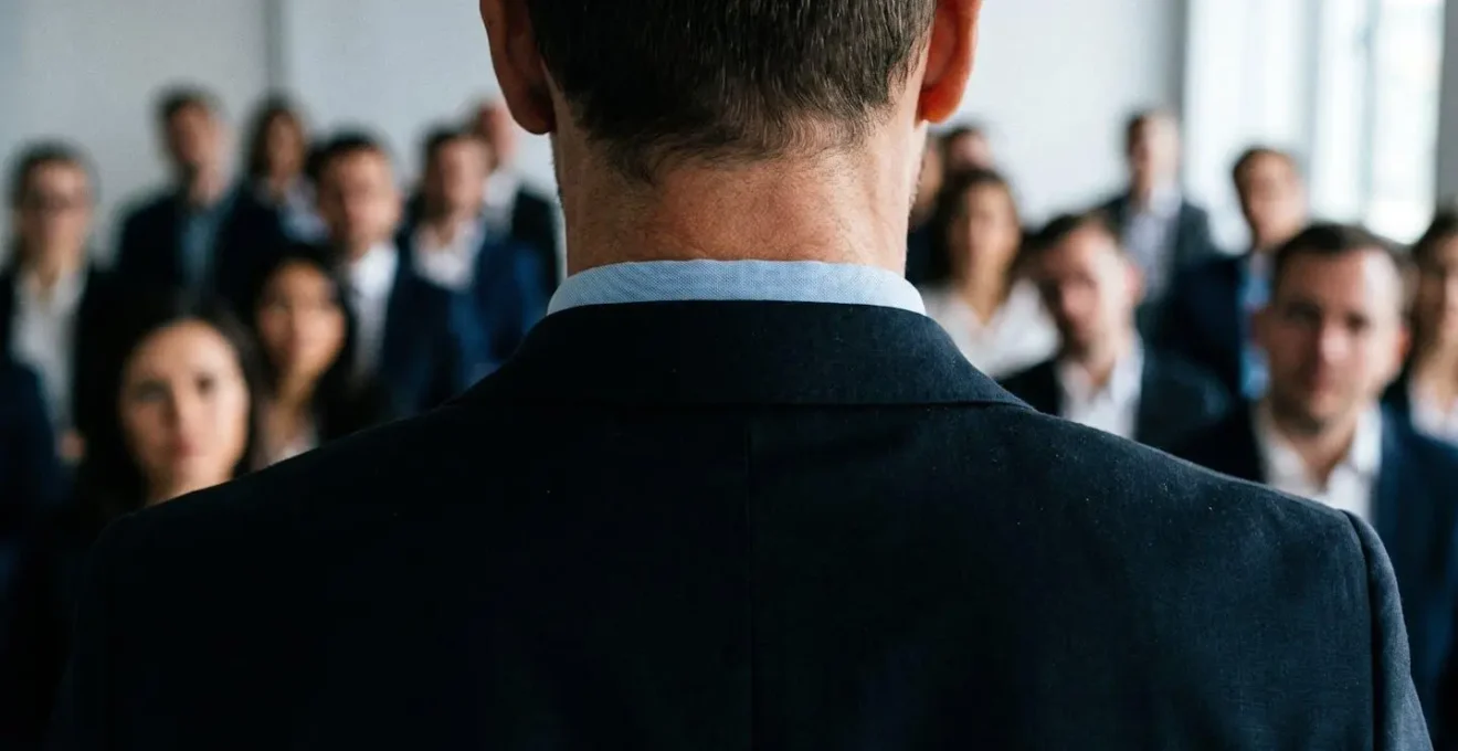 Vue rapprochée des épaules et de la nuque d'un orateur debout, symbolisant la tension musculaire liée au trac avant une prise de parole
